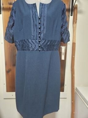 ANTONIO MELANI Navy Textured Midi Dress with Satin Trim